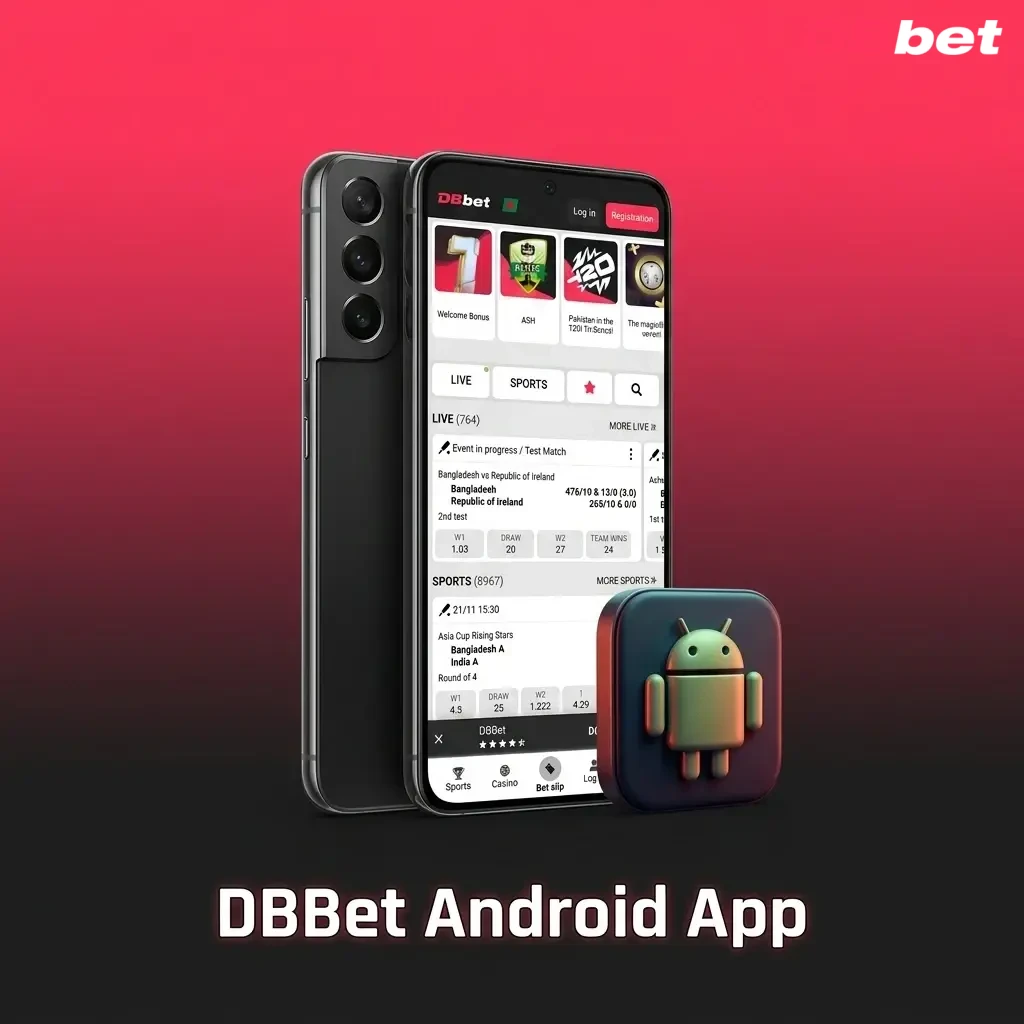 DBBet Android app interface showing mobile betting and casino games on a smartphone screen