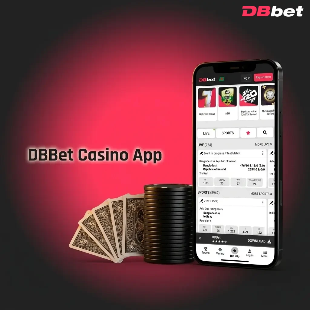 DBBet casino app interface showing 3000+ mobile-optimised games including slots, live dealer, crash, and fishing games in Bangladesh