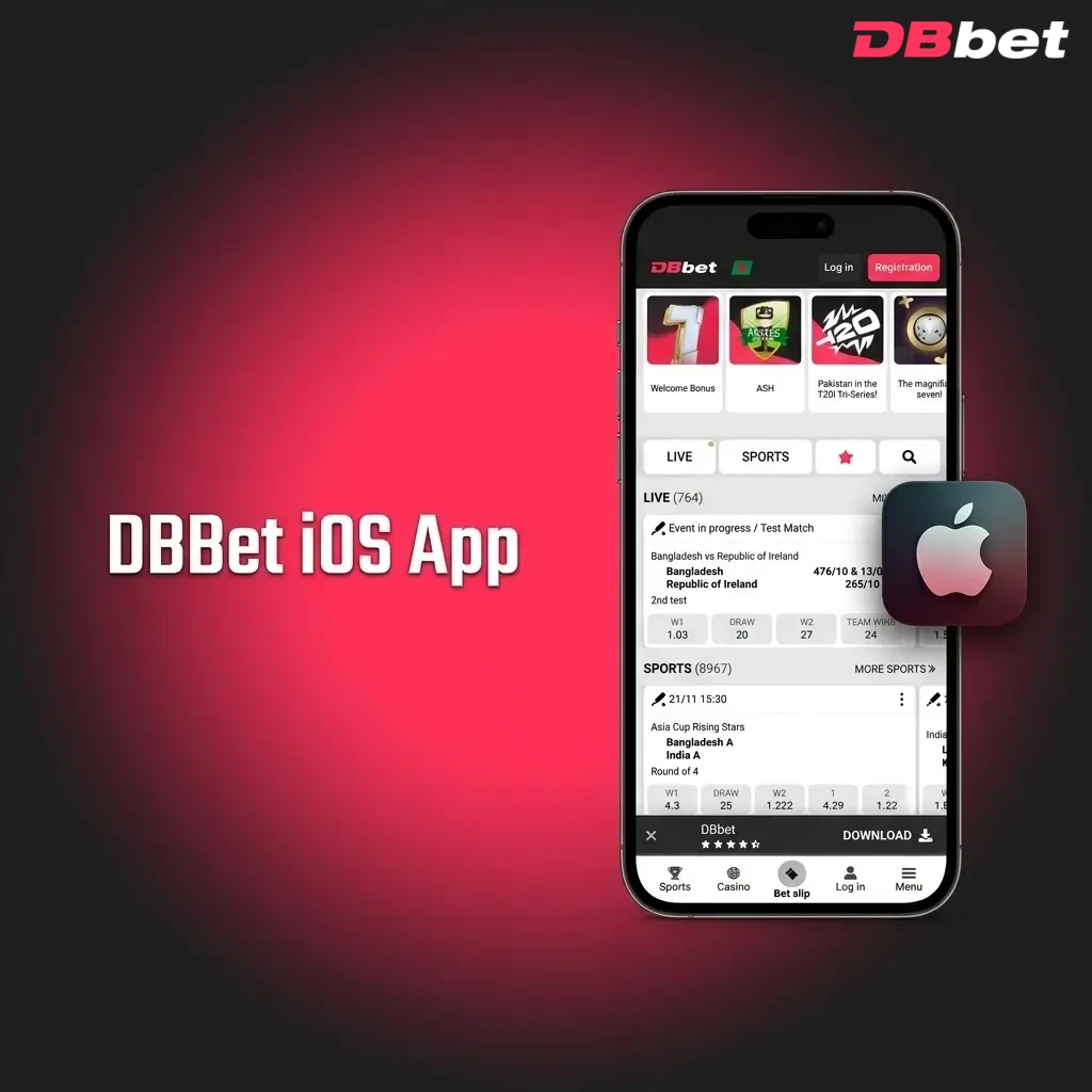 DBBet iOS app interface on iPhone and iPad showing sports betting and live casino features available in Bangladesh