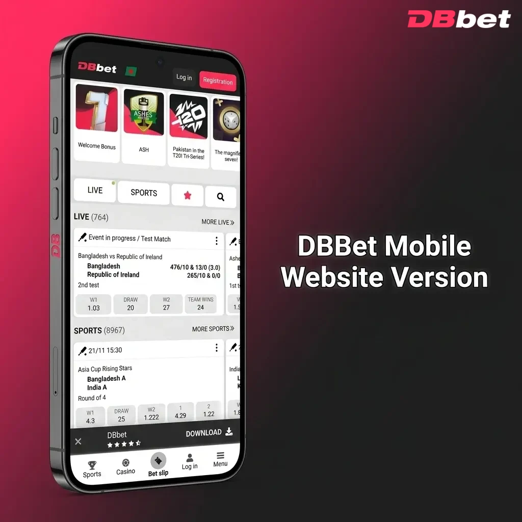 DBBet mobile-optimised website on smartphone and tablet, offering sports betting and casino features without downloading