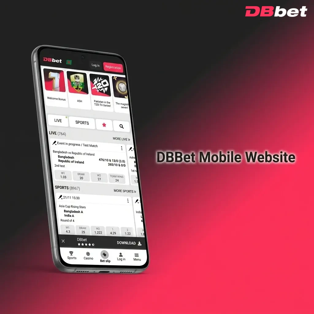 DBBet mobile website interface showing sports betting and casino games accessible via smartphone browser without app download
