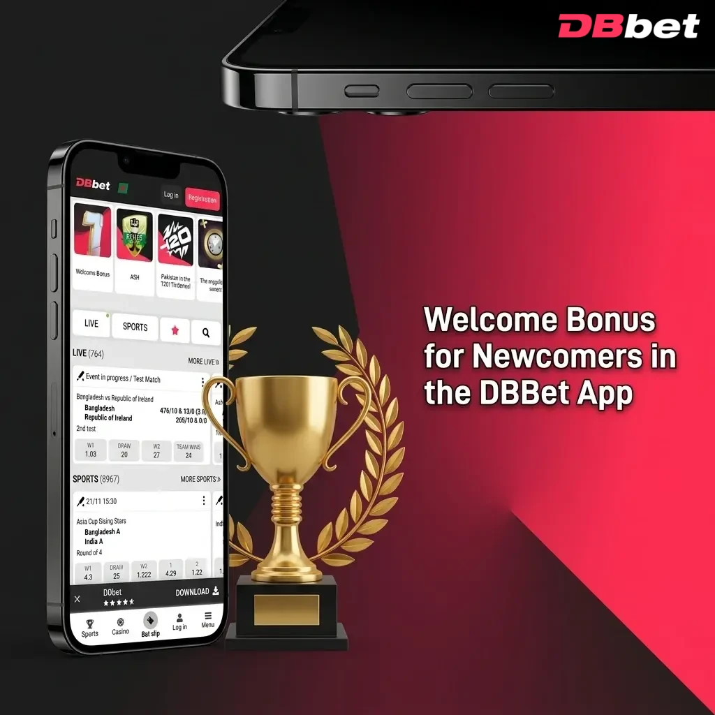 DBBet app welcome bonus offer showing 200% up to 220,350 BDT for sports or casino with 150 free spins